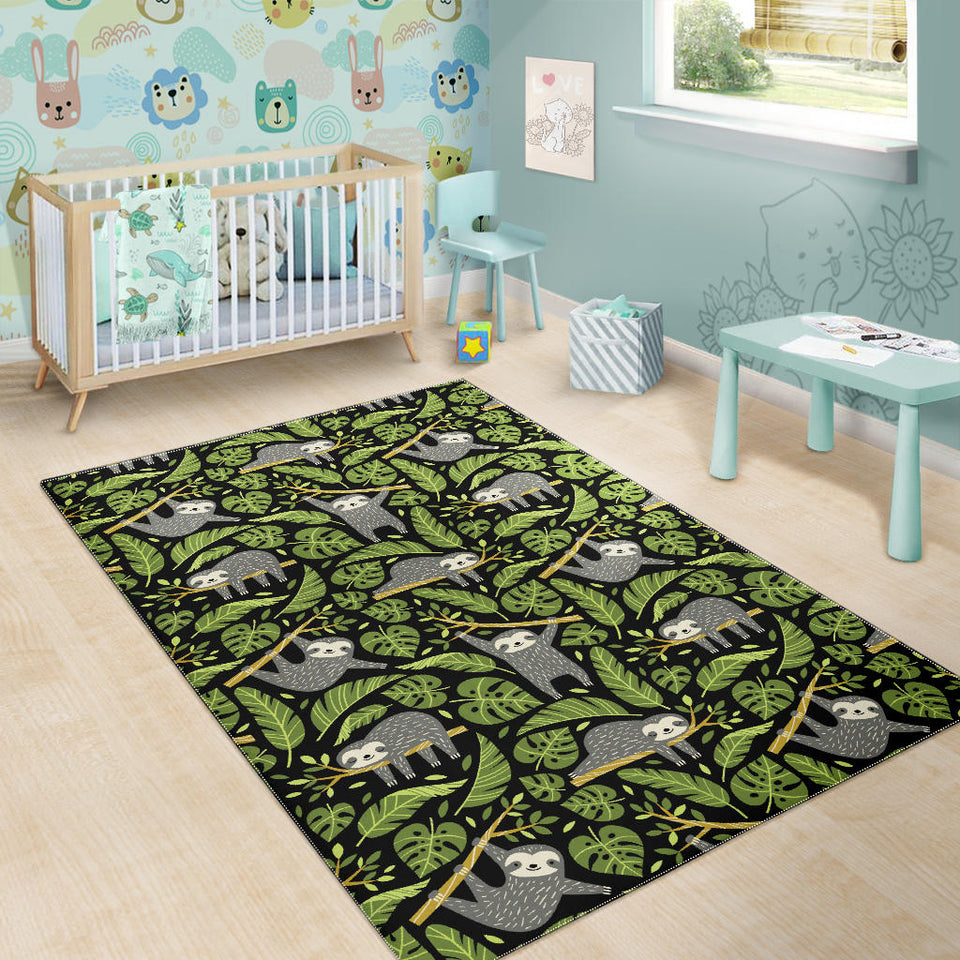 Cute Sloths Tropical Palm Leaves Black Background Area Rug