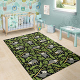 Cute Sloths Tropical Palm Leaves Black Background Area Rug