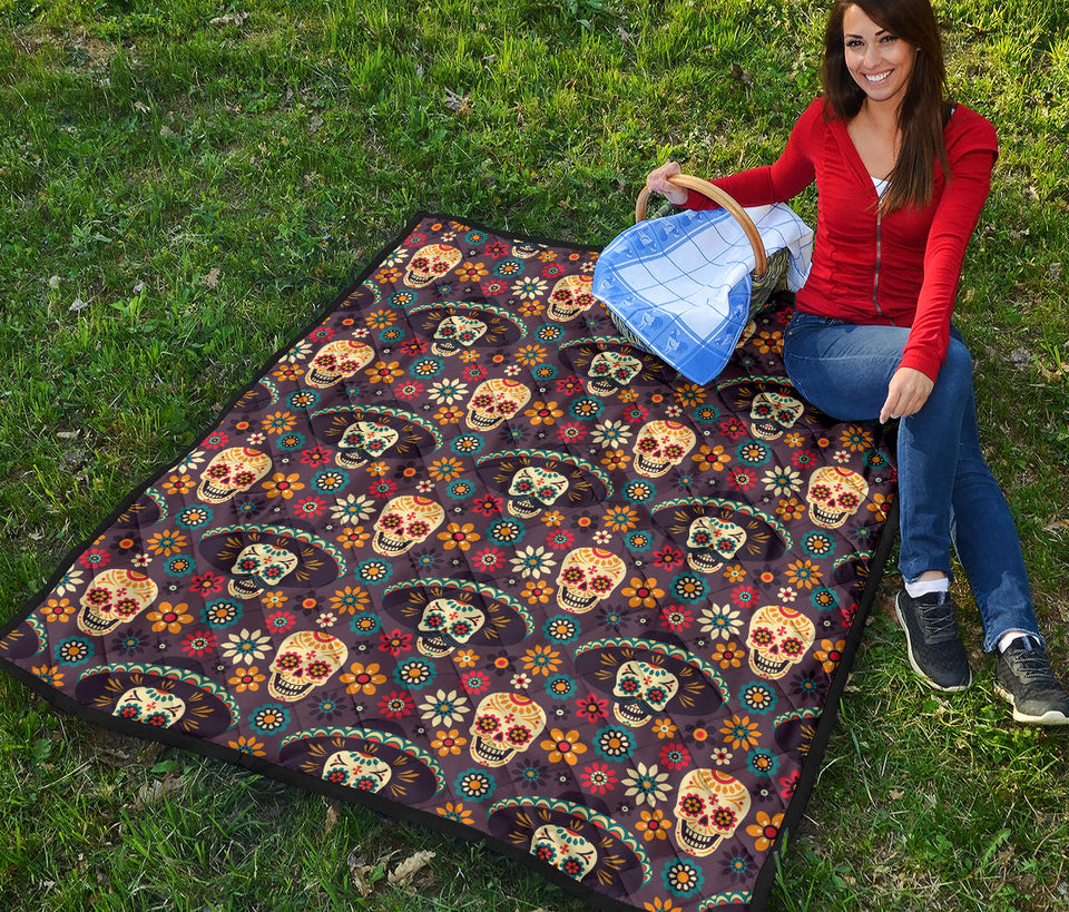 Sugar Skulls Flower Maxican Pattern Premium Quilt