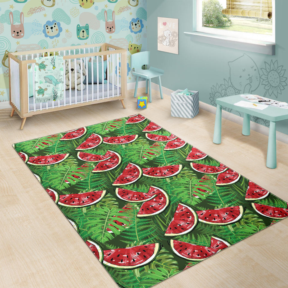 Watermelons Tropical Palm Leaves Pattern Background Area Rug
