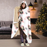 Cute Pugs Pink Heart Paw Pattern Hooded Blanket
