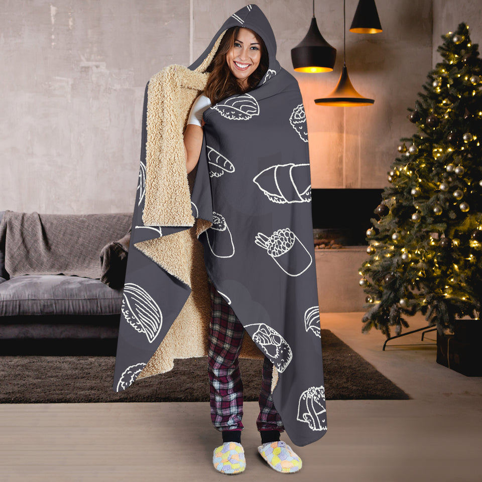 Sushi Pattern Black Background Hooded Blanket