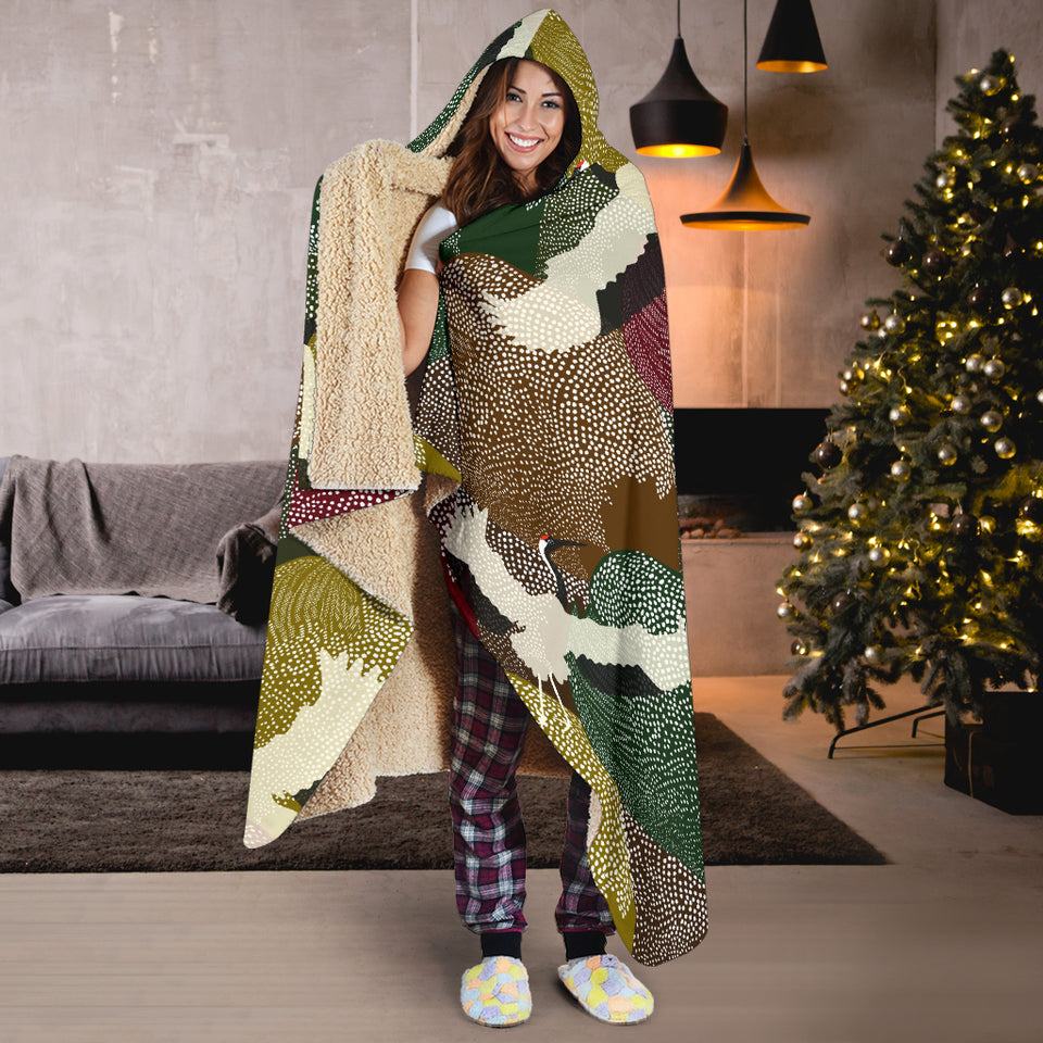 Japanese Cranes Flying Forest Dot Pattern Hooded Blanket