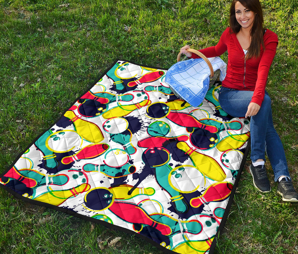 Watercolor Bowling Ball Pins Premium Quilt