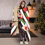 Red And White Tulips Pattern Hooded Blanket