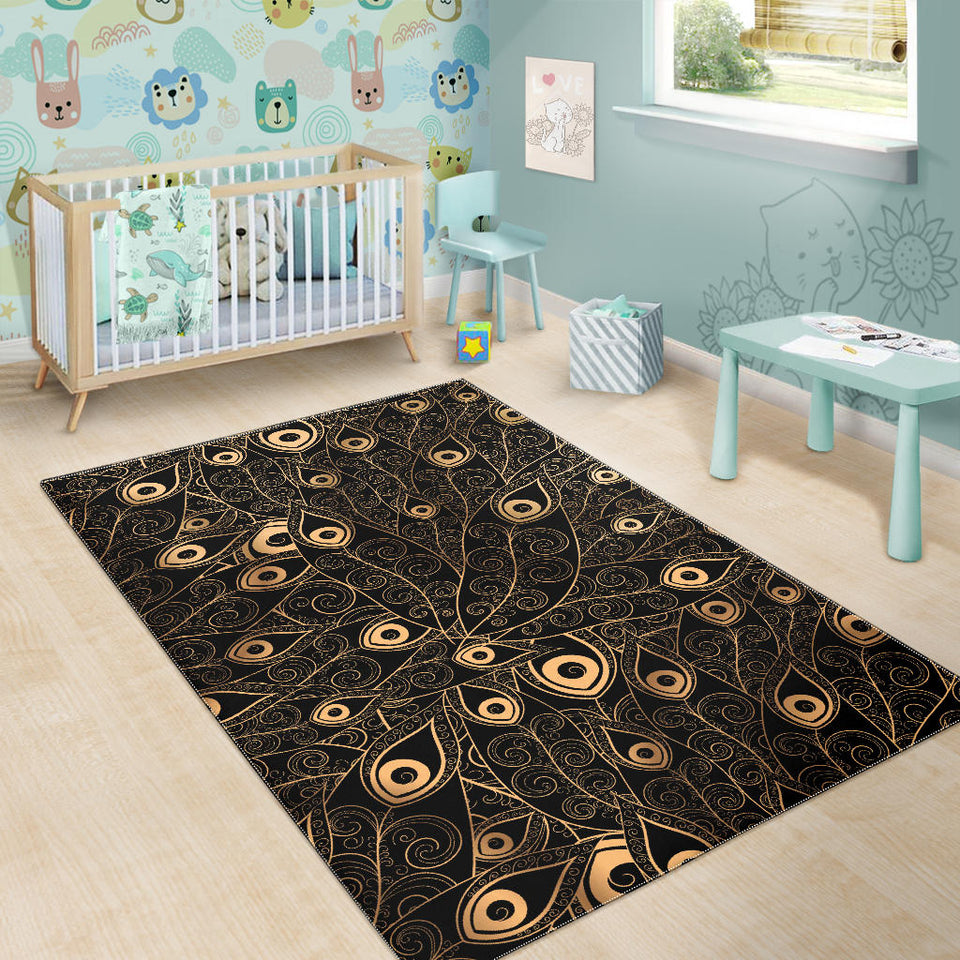 Gold Peacock Feather Pattern Area Rug