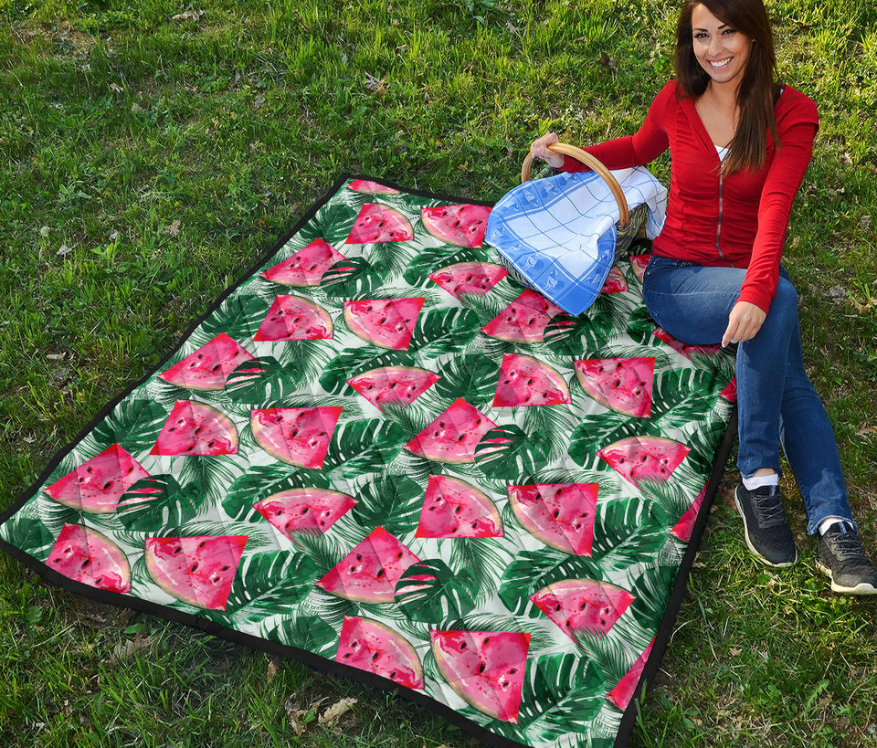 Watermelons Tropical Palm Leaves Pattern Premium Quilt