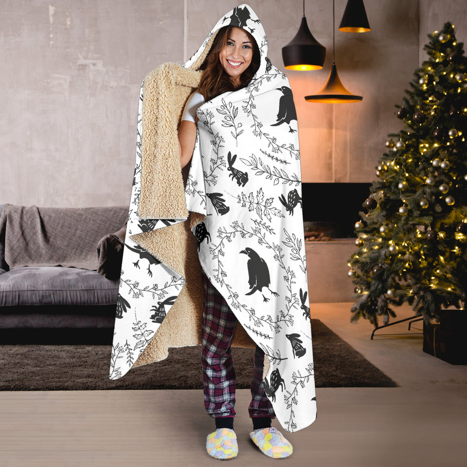 Crows Floral Wreath Rabbit Pattern Hooded Blanket