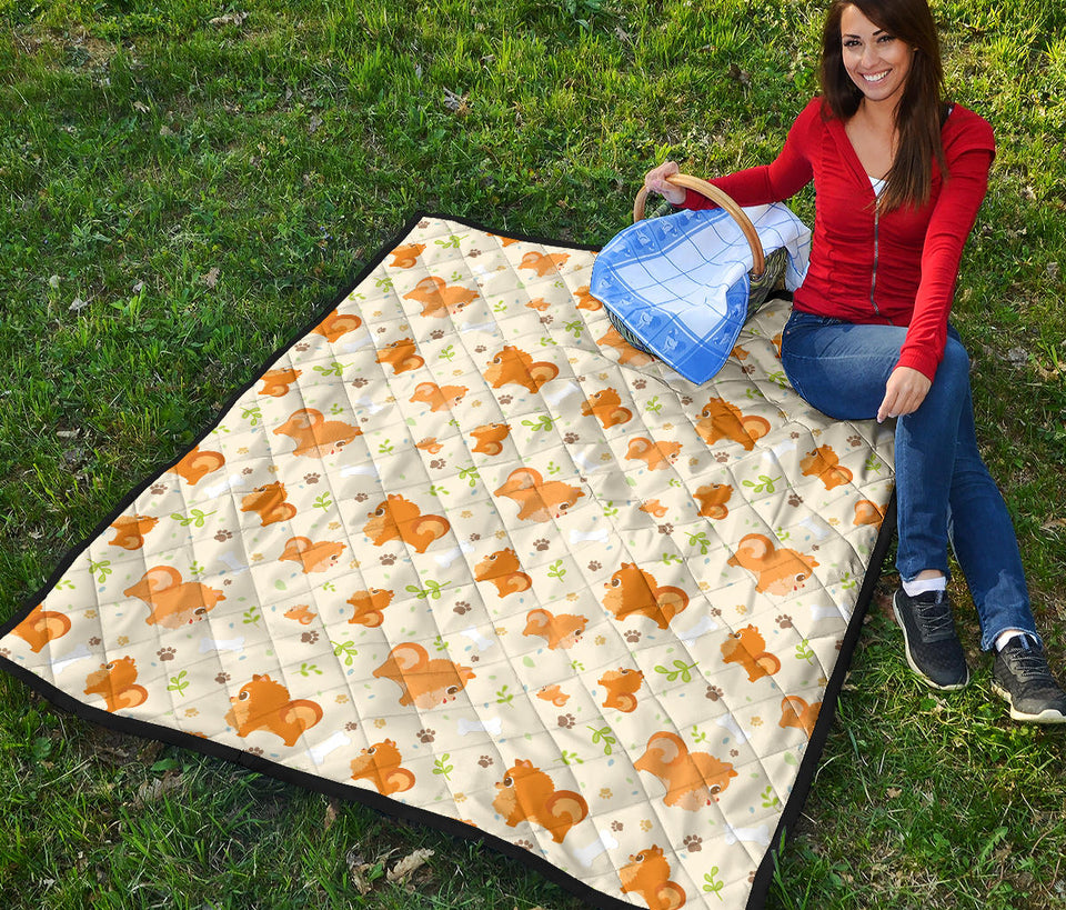 Cute Brown Pomeranian Paw Leave Bone Pattern Premium Quilt