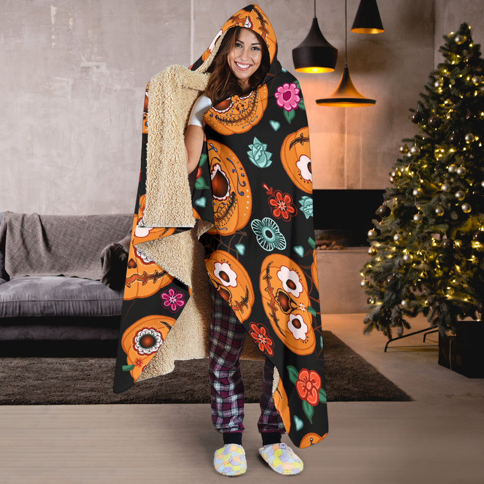 Pumpkin Flowers Spiderweb Halloween Theme Hooded Blanket