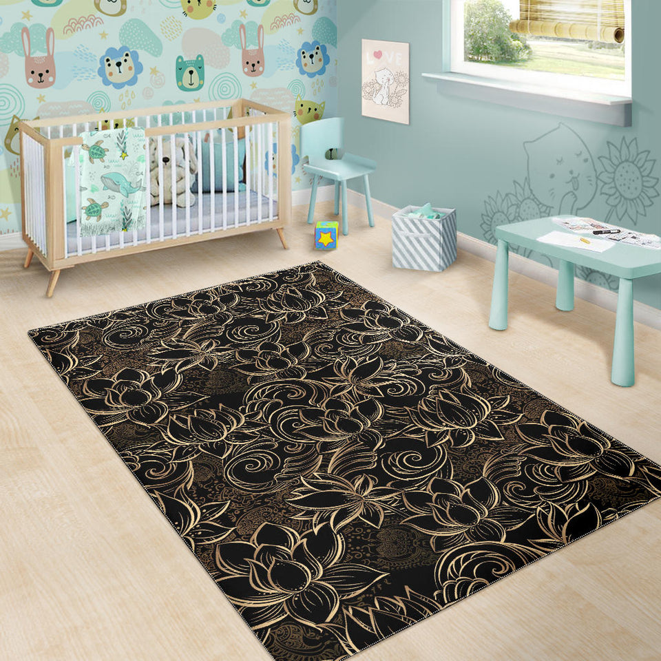 Luxurious Gold Lotus Waterlily Black Background Area Rug