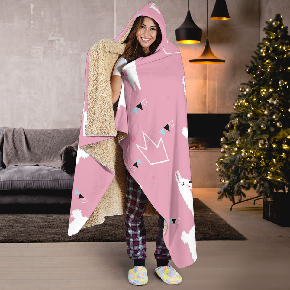 Llama Alpaca Pink Background Hooded Blanket