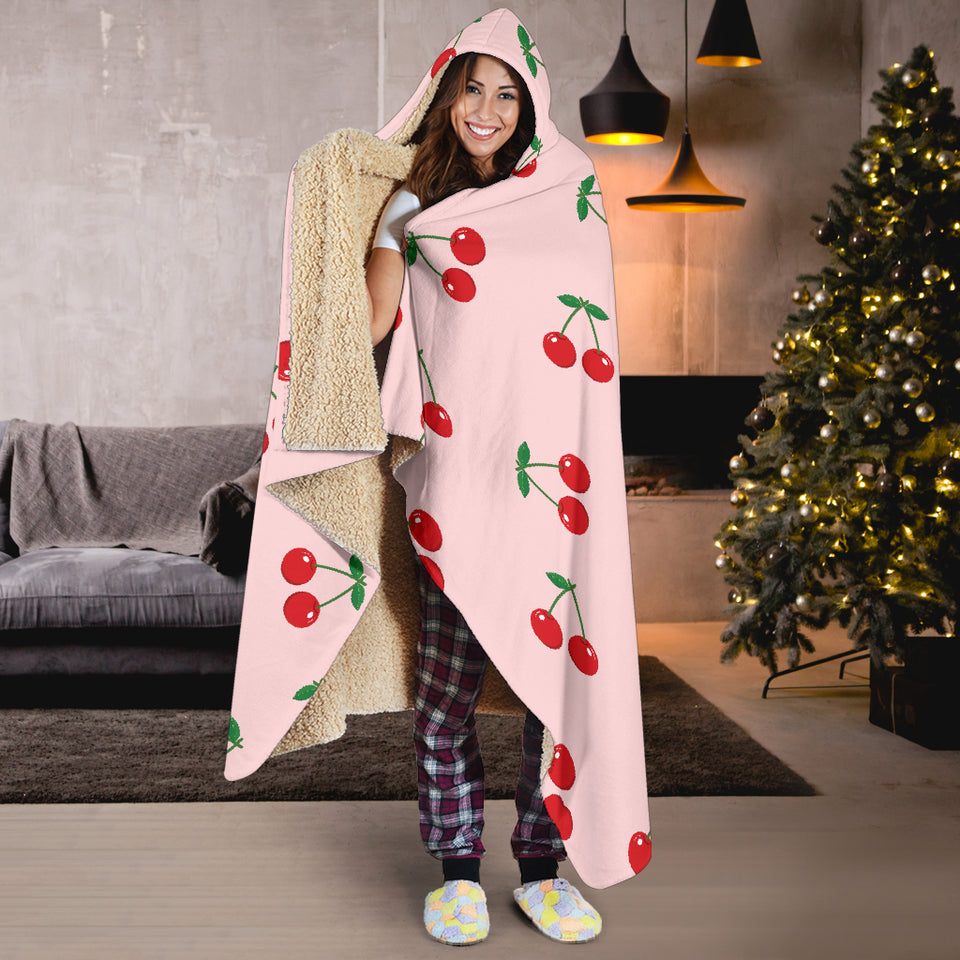 Cherry Pattern Pink Background Hooded Blanket