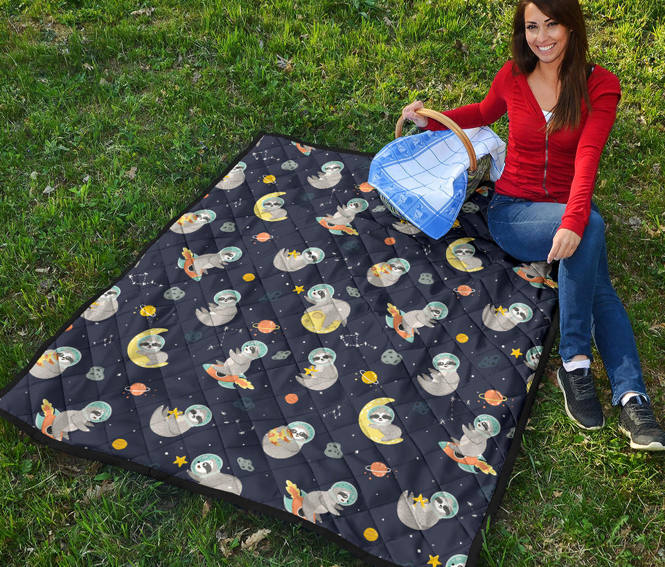Cute Sloth Astronaut Star Planet Rocket Pattern Premium Quilt
