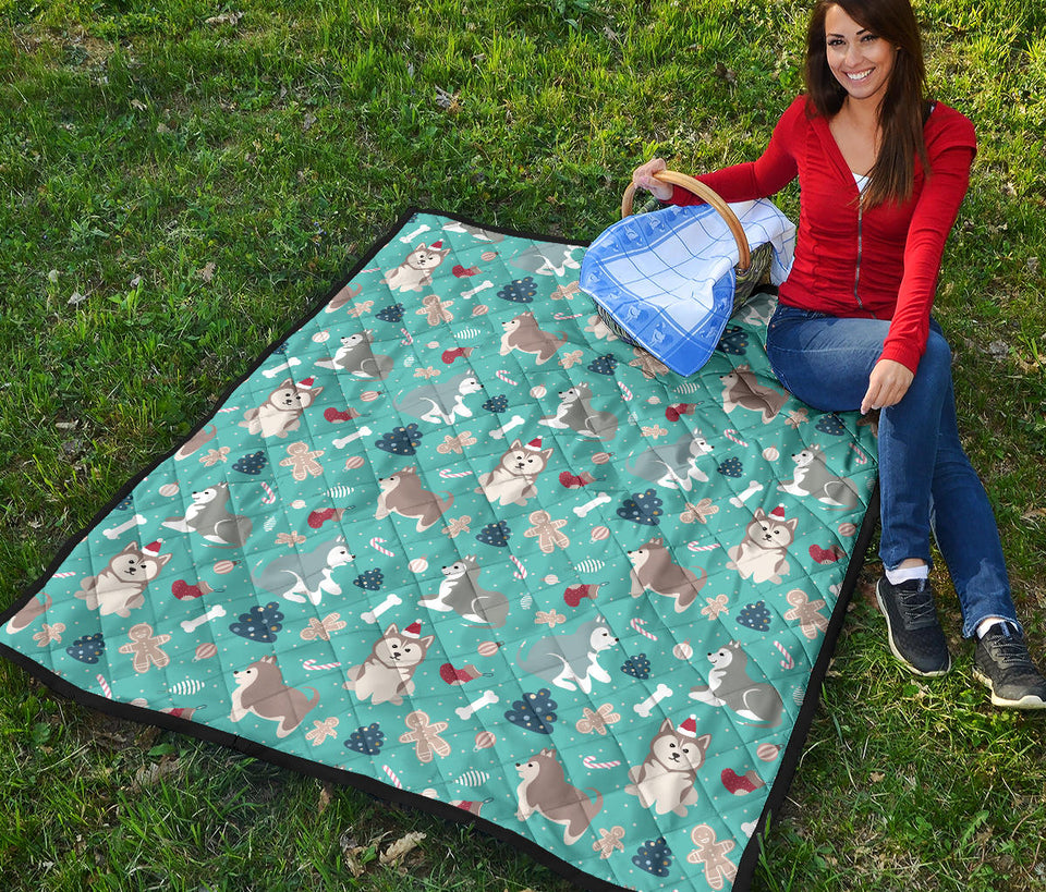 Christmas Cute Siberian Husky Puppie Pattern Premium Quilt