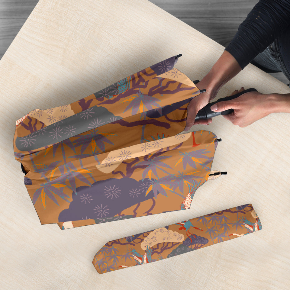Bonsai Bamboo Stork Japanese Pattern Brown Theme Umbrella