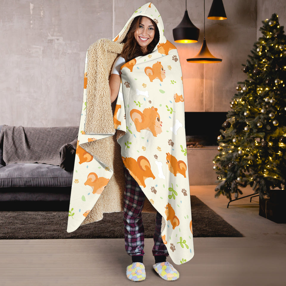 Cute Brown Pomeranian Paw Leave Bone Pattern Hooded Blanket