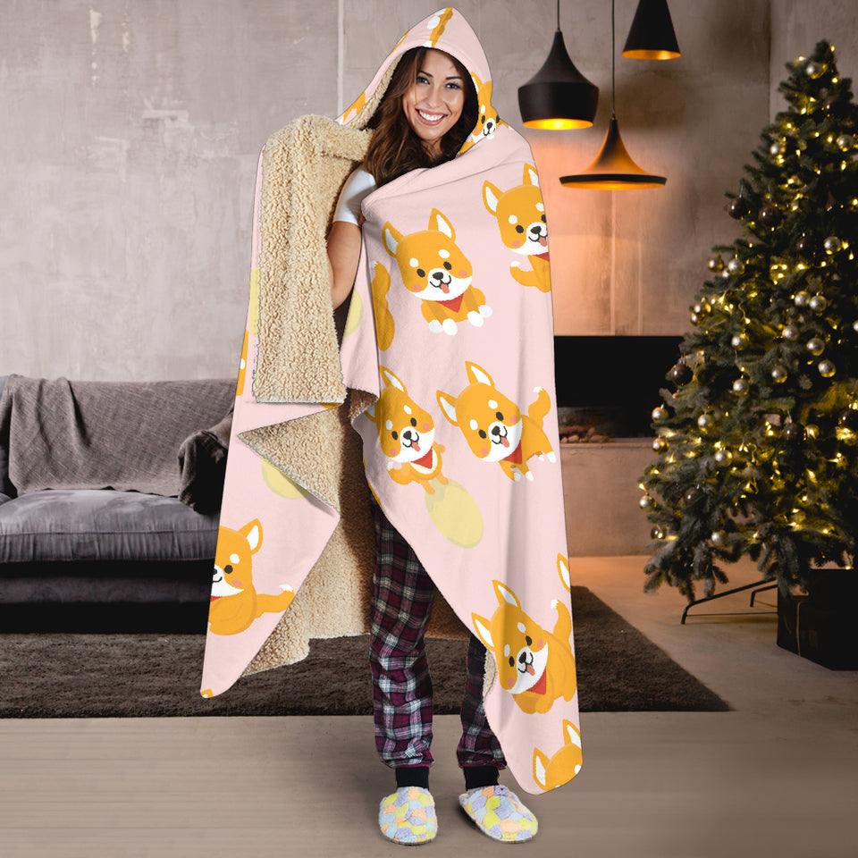 Cute Shiba Inu Dog Pattern  Hooded Blanket