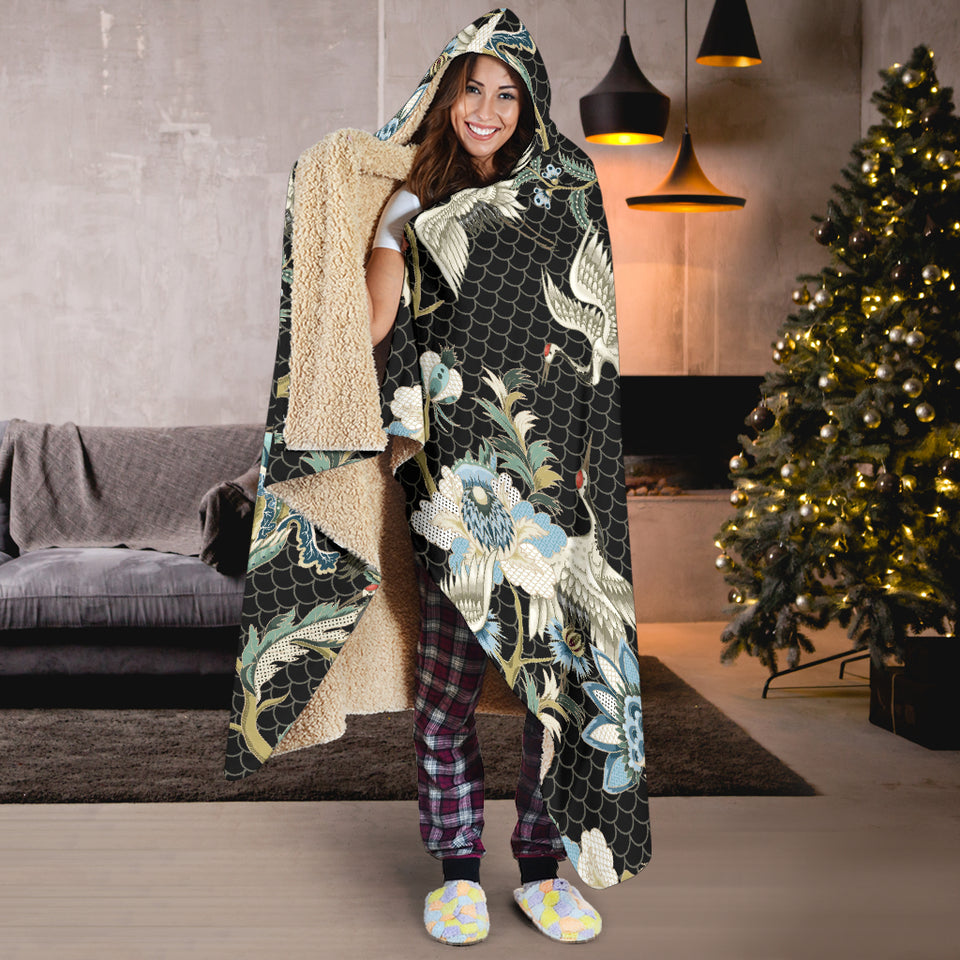 Japanese Crane Ornament Elements Hooded Blanket