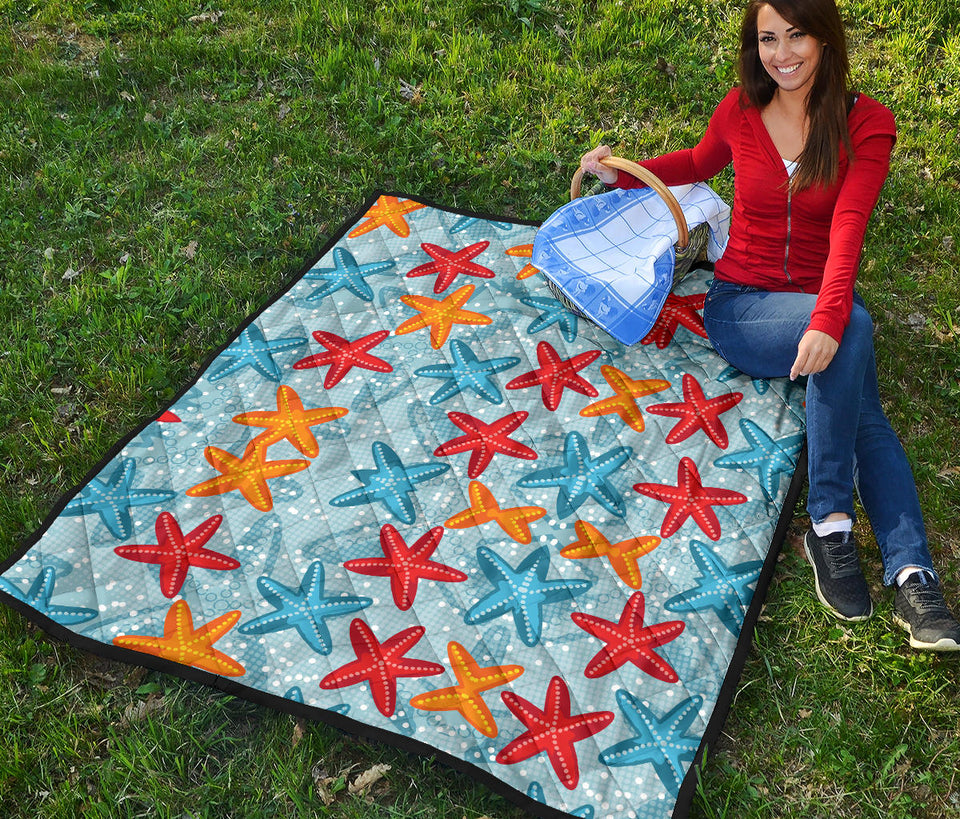Blue Red Orange Starfish Pattern Premium Quilt