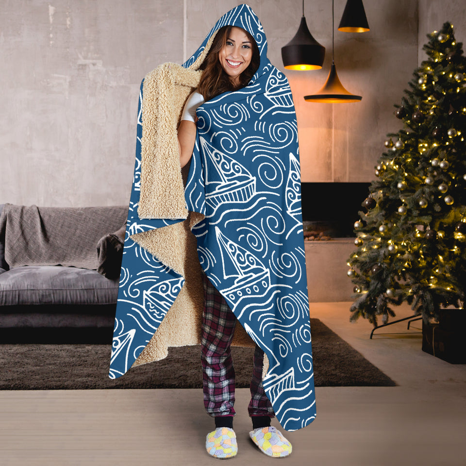 Hand Drawn Sailboat Pattern Hooded Blanket