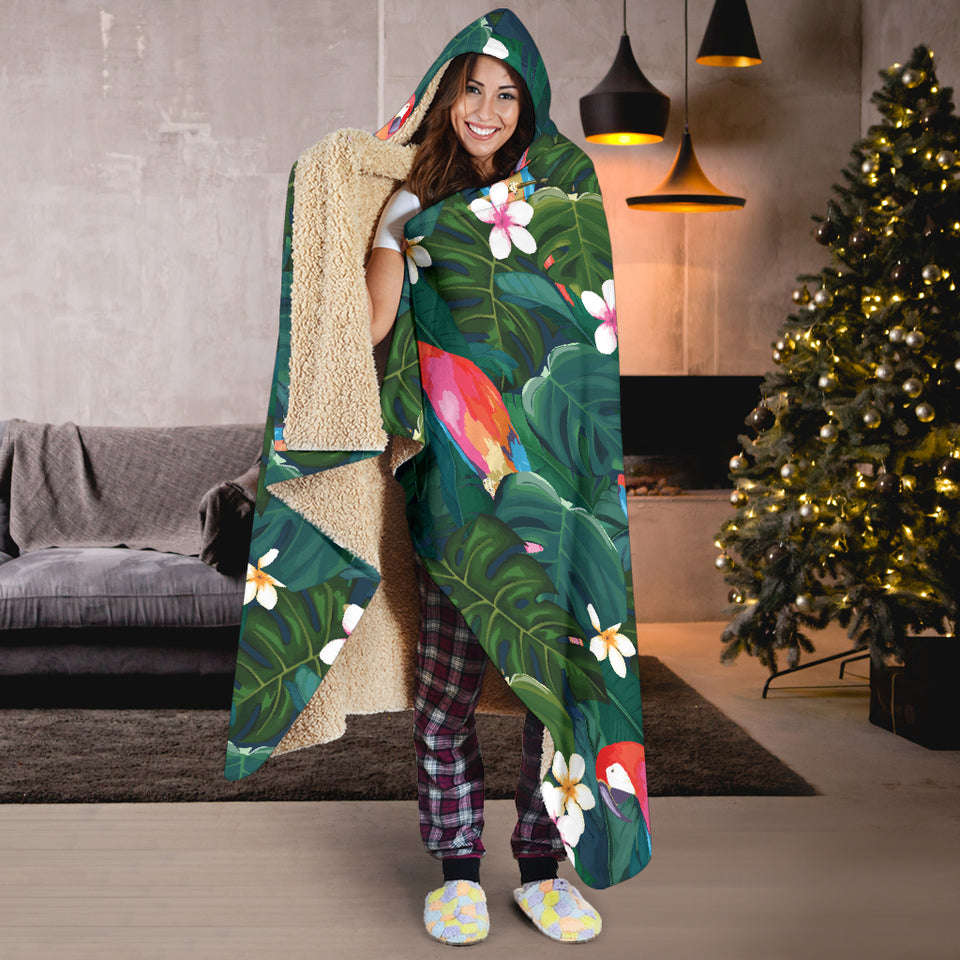 Parrot Palm Tree Leaves Flower Hibiscus Pattern Hooded Blanket