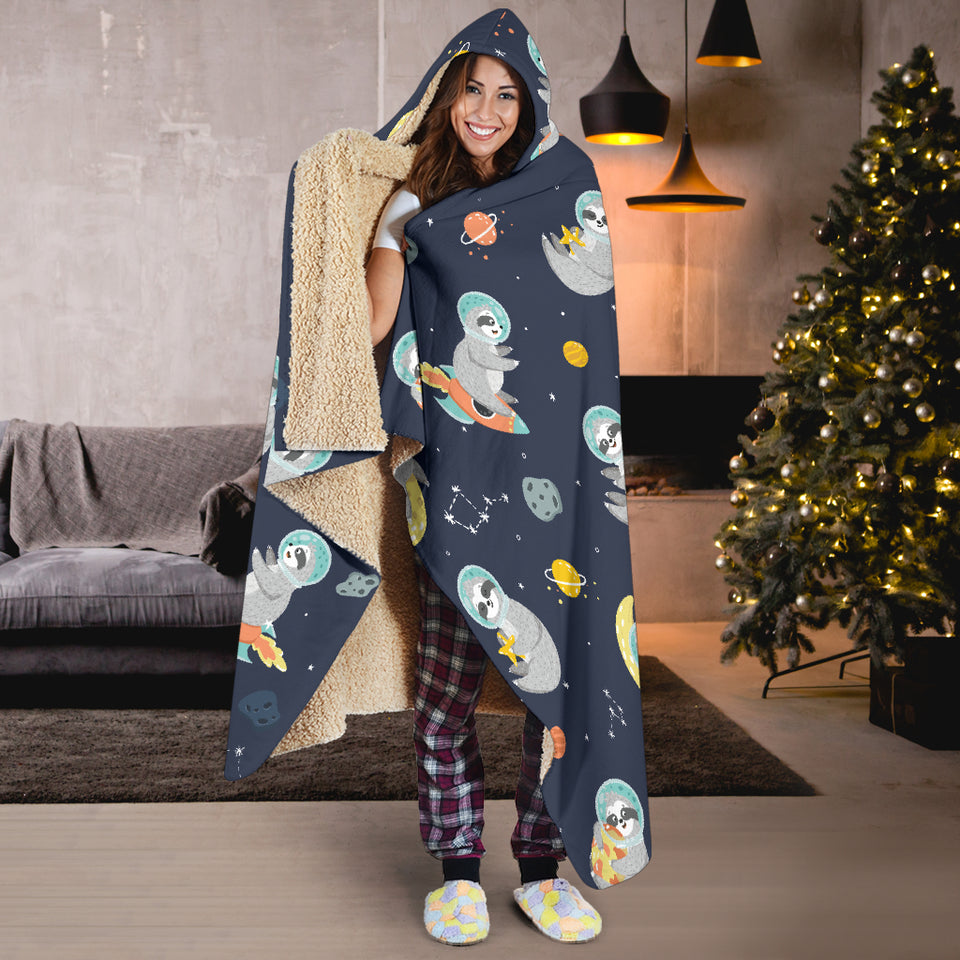 Cute Sloth Astronaut Star Planet Rocket Pattern Hooded Blanket
