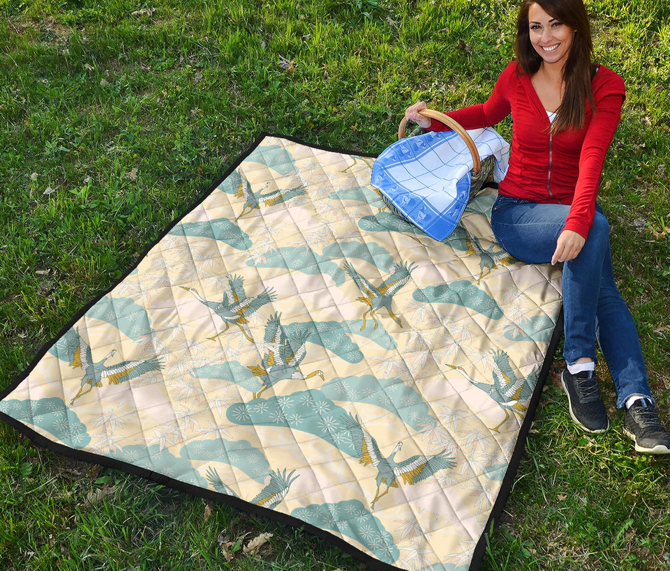 Bonsai Bamboo Stork Japanese Pattern Cream Theme Premium Quilt