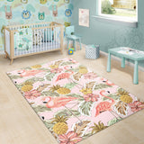 Pink Flamingo Birds Pineapples Hibiscus Flower Pattern Area Rug