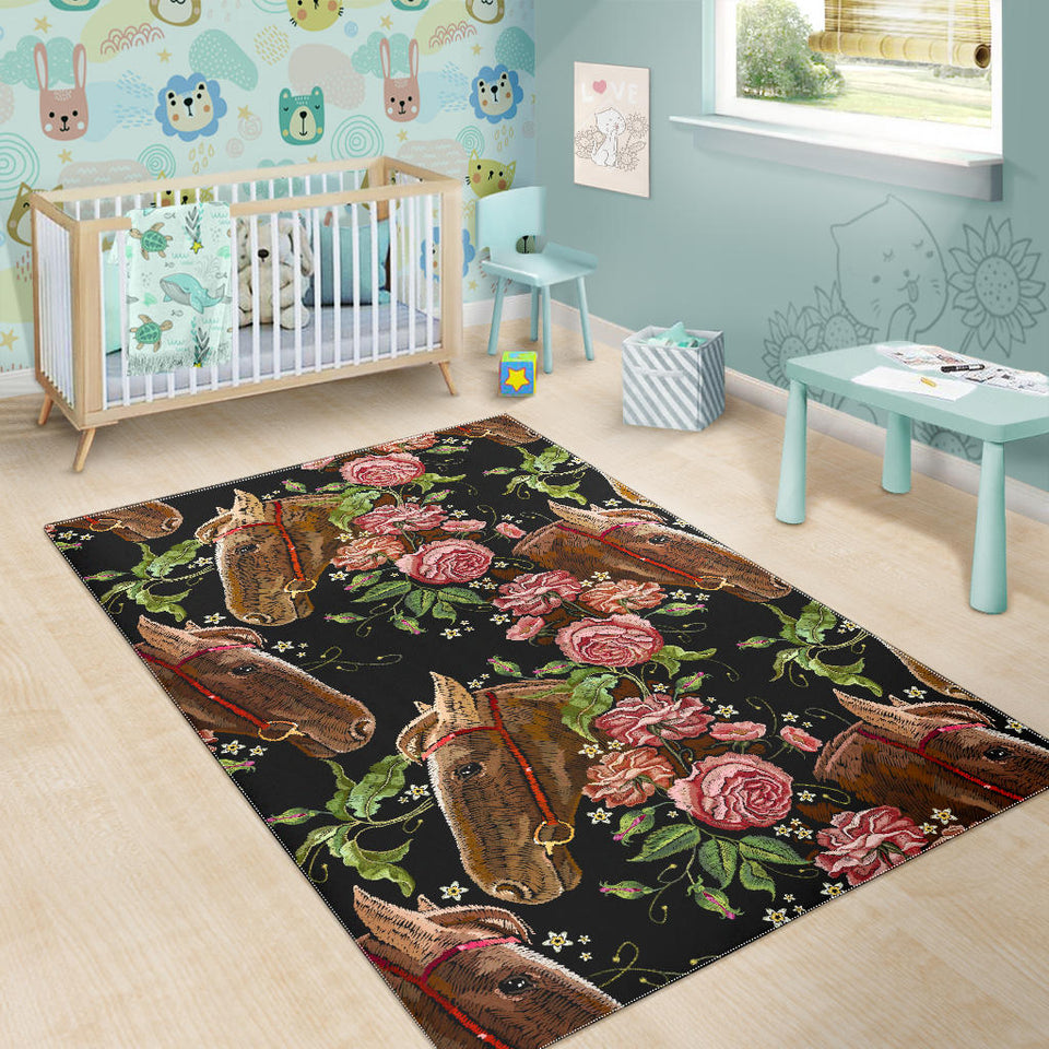 Horse Head Wild Roses Pattern Area Rug