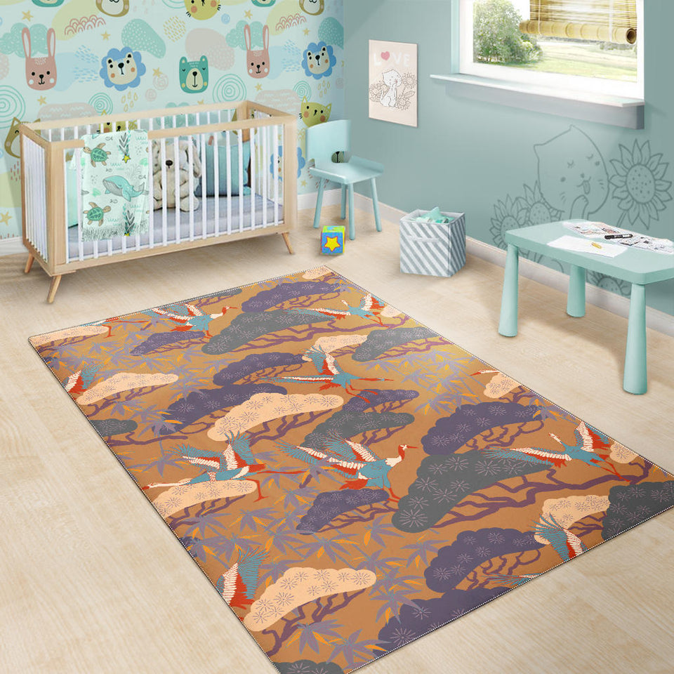 Bonsai Bamboo Stork Japanese Pattern Brown Theme Area Rug