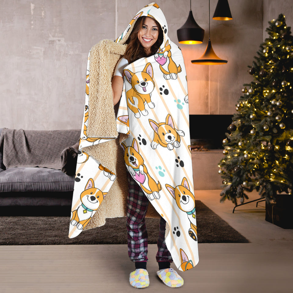 Cute Dog Corgi Striped Background Pattern Hooded Blanket