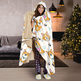 Cute Dog Corgi Striped Background Pattern Hooded Blanket