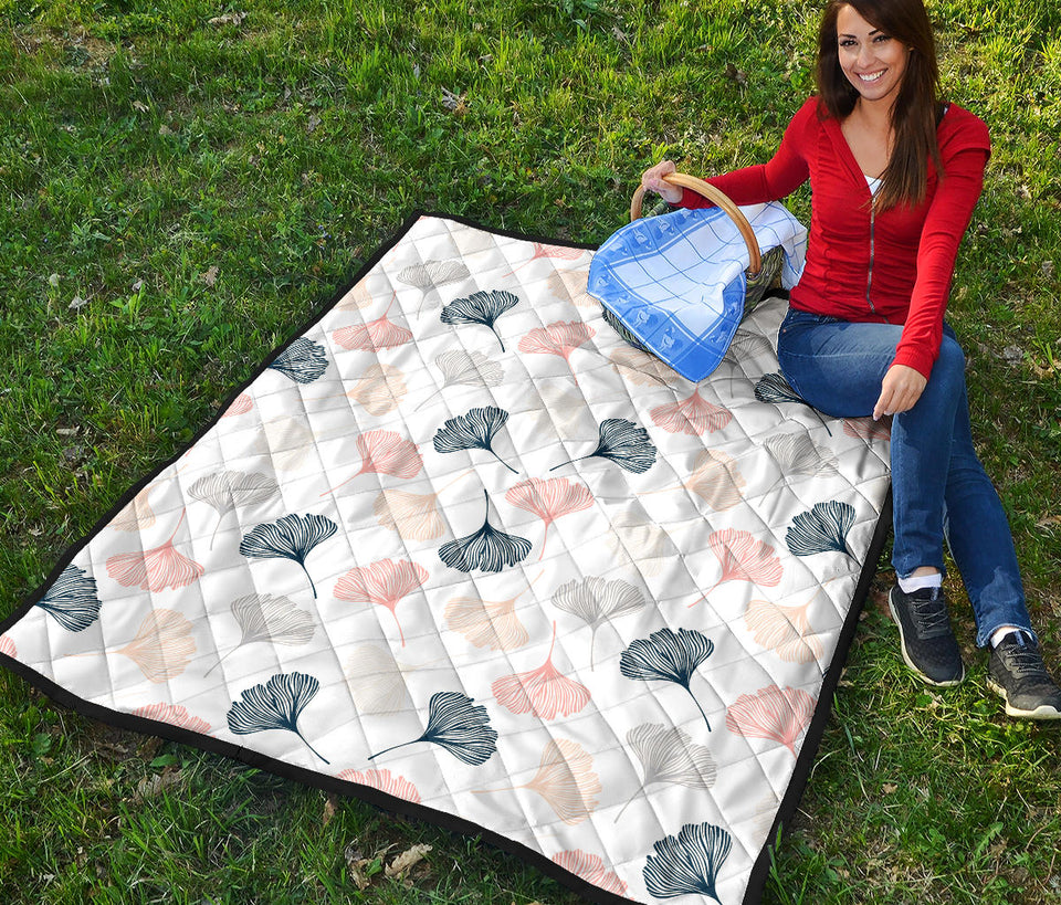 Black Gray Cream Coral Ginkgo Leaves Pattern Premium Quilt