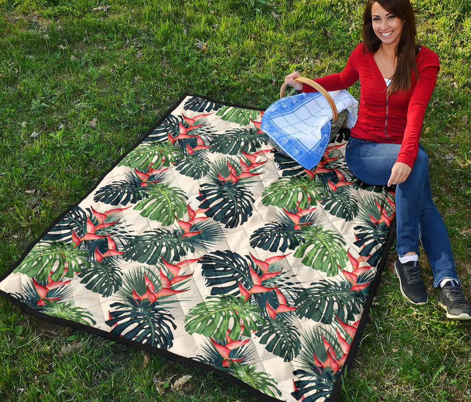 Heliconia Flowers, Palm And Monstera Leaves Premium Quilt