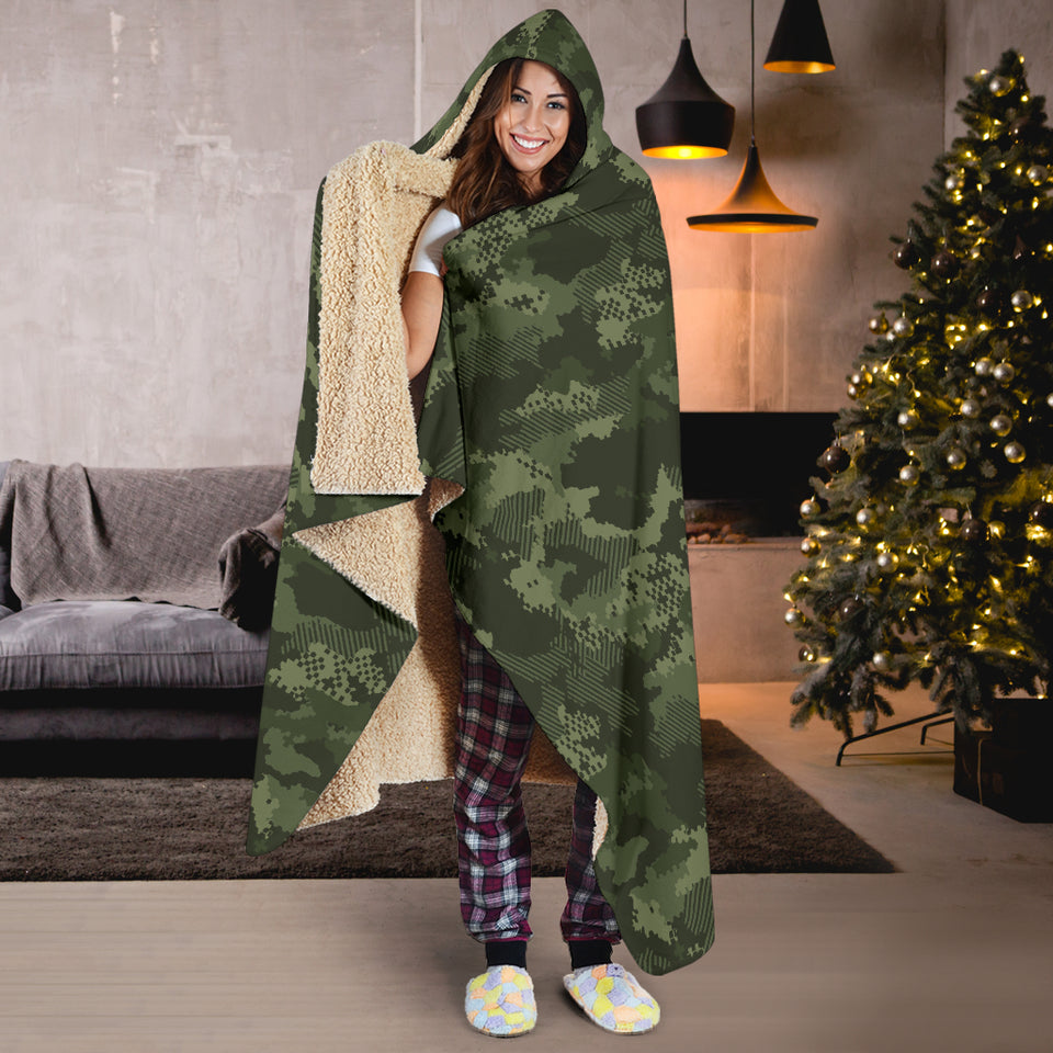 Digital Green Camo Camouflage Pattern Hooded Blanket