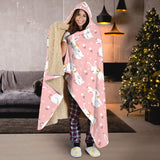Cute White Rabbit Flower Pink Background Hooded Blanket