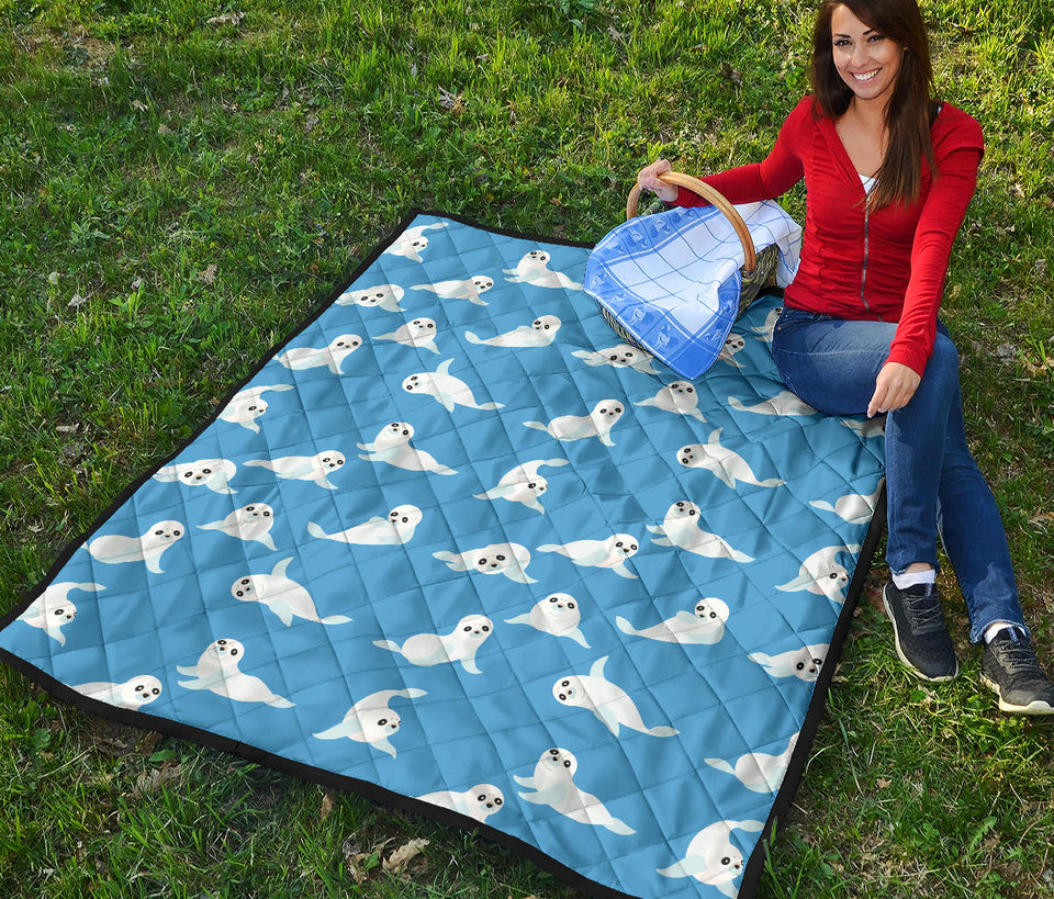 Cute Sea Lion Seal Pattern Background Premium Quilt