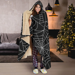 Spider Web Pattern Black Background White Cobweb Hooded Blanket