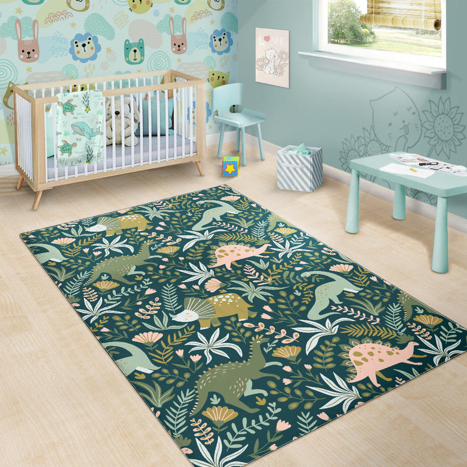 Dinosaurs Tropical Leaves Flower Pattern Area Rug