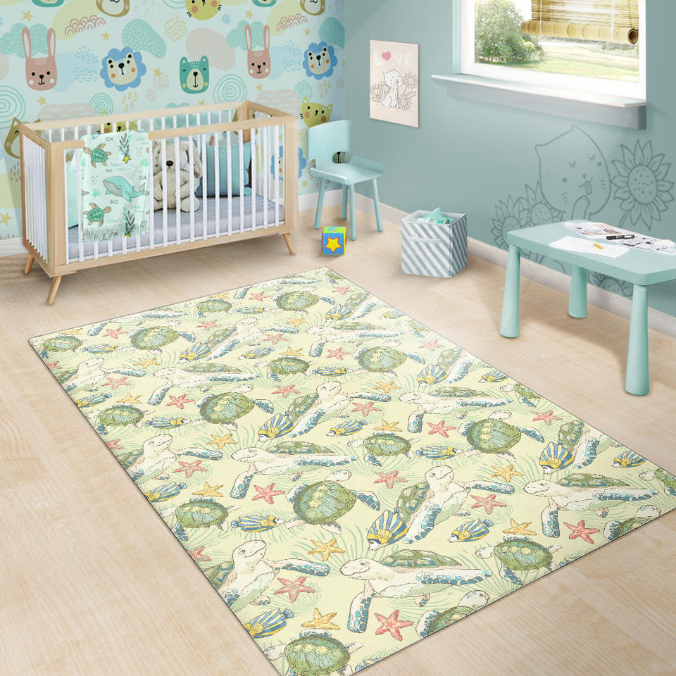 Hand Drawn Sea Turtle Fish Pattern Area Rug