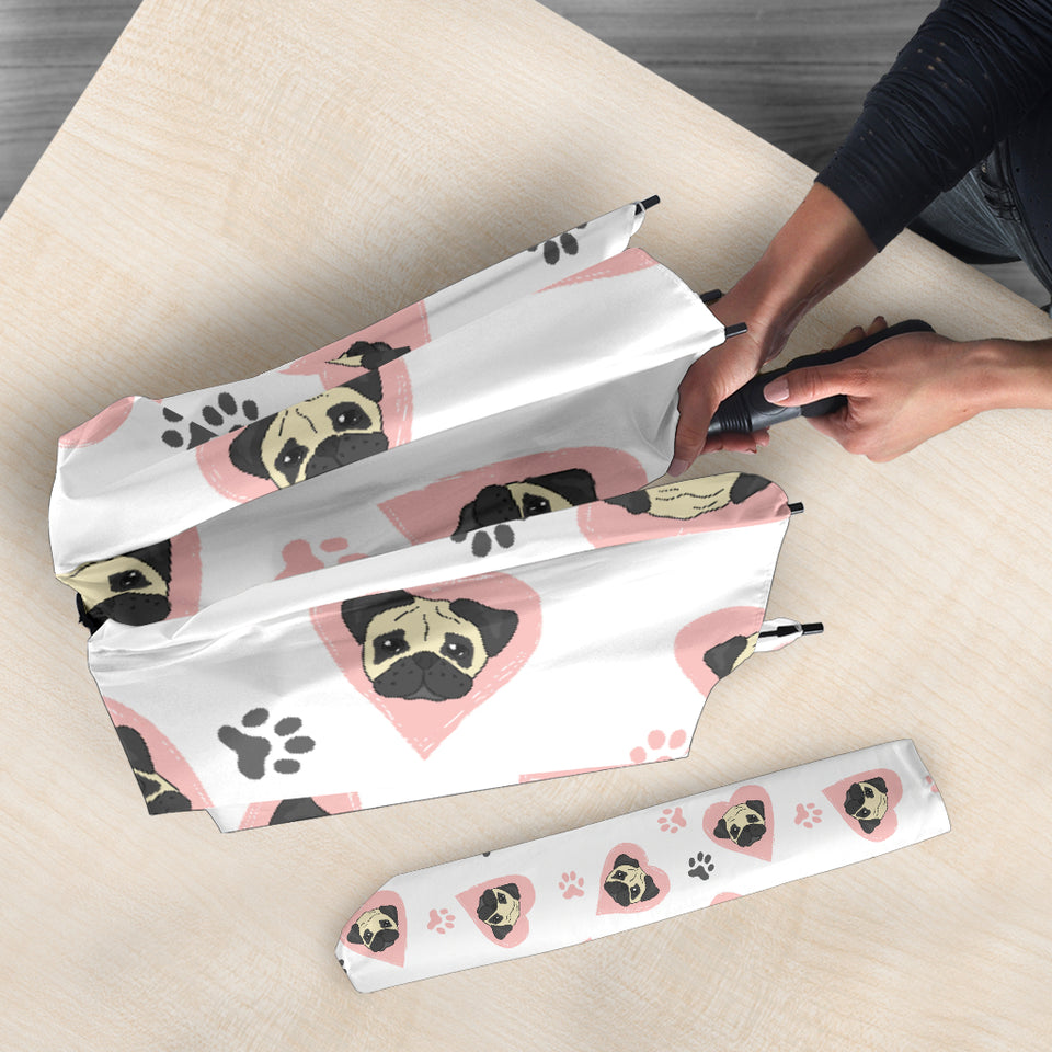 Cute Pugs Pink Heart Paw Pattern Umbrella
