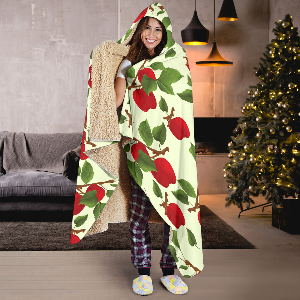 Red Apples Leaves Pattern Hooded Blanket