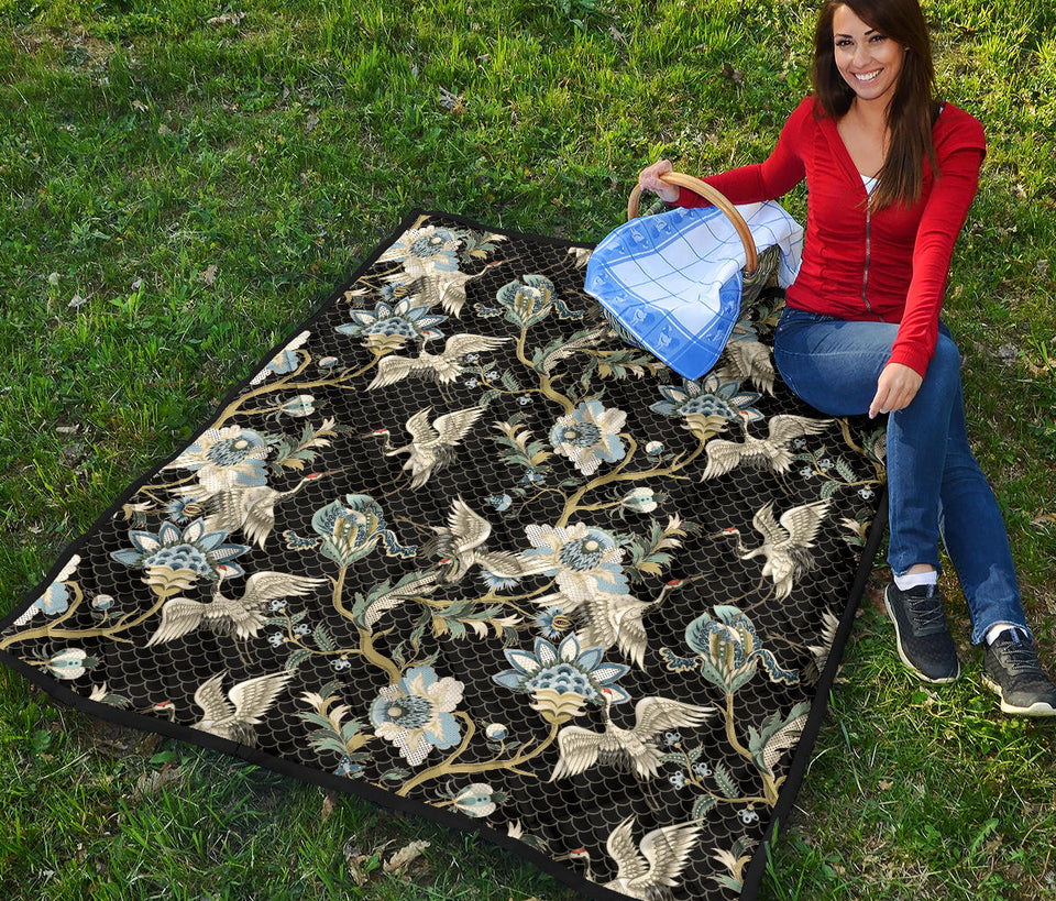 Japanese Crane Ornament Elements Premium Quilt