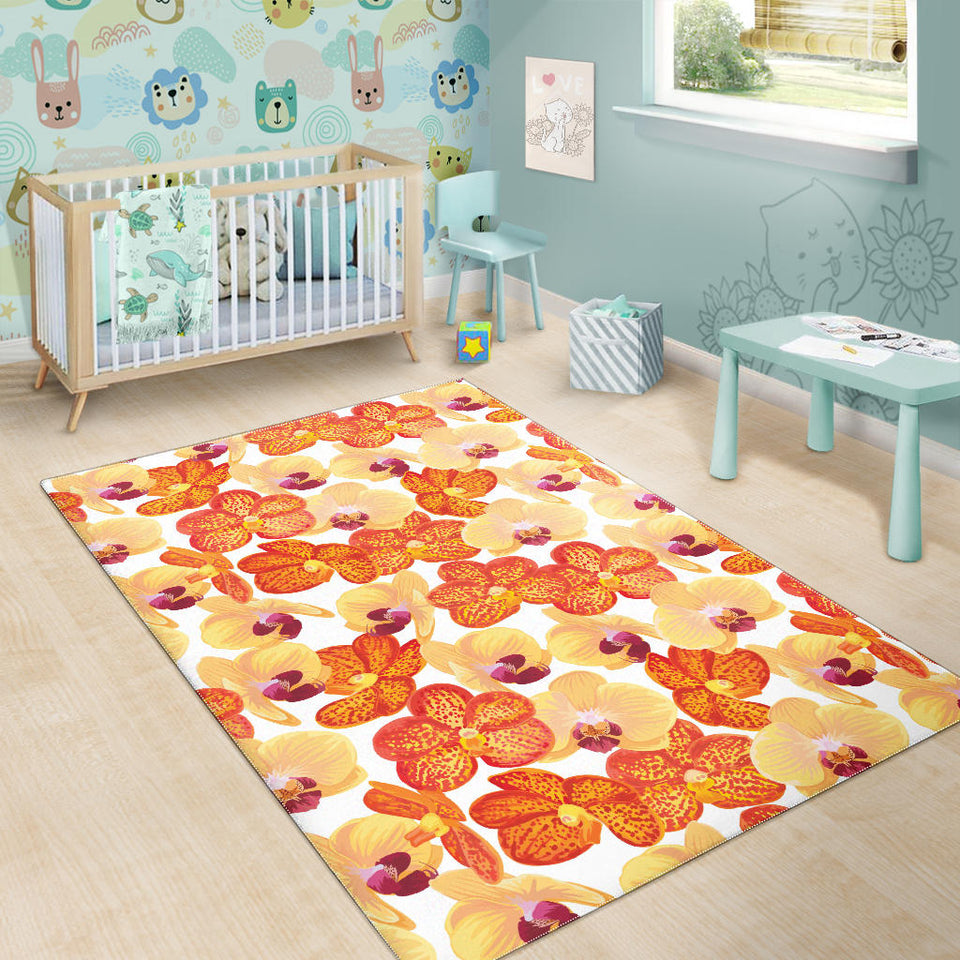 Orange Yellow Orchid Flower Pattern Background Area Rug