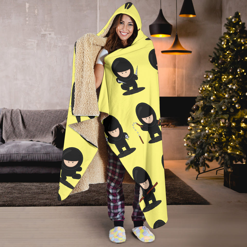 Cute Ninja Yellow Background Hooded Blanket