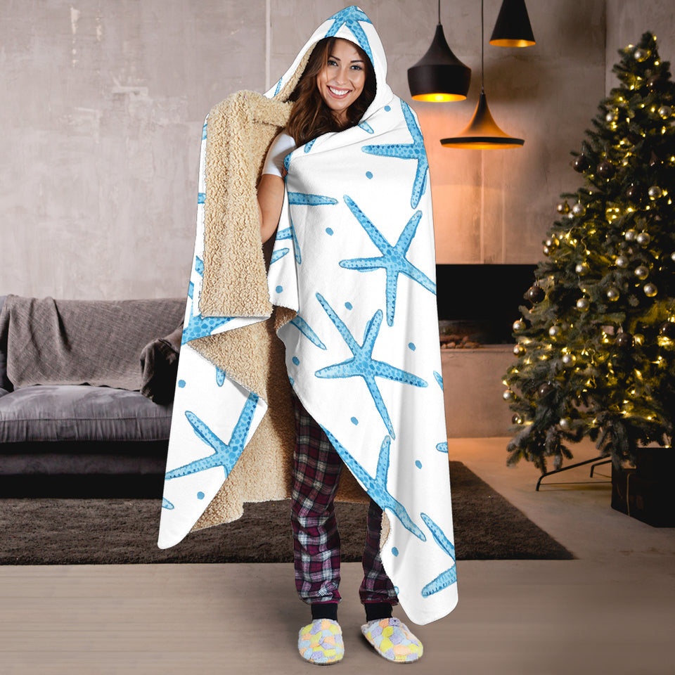 Watercolor Starfish Pattern Hooded Blanket