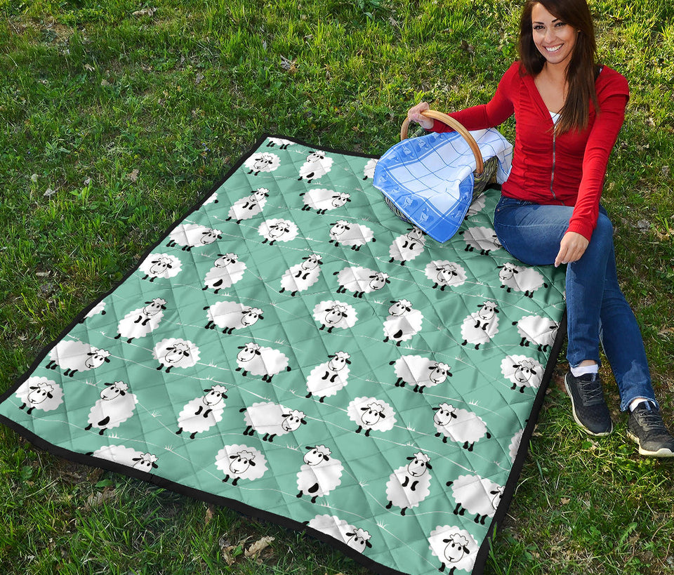 Cute Sheep Green Background Premium Quilt
