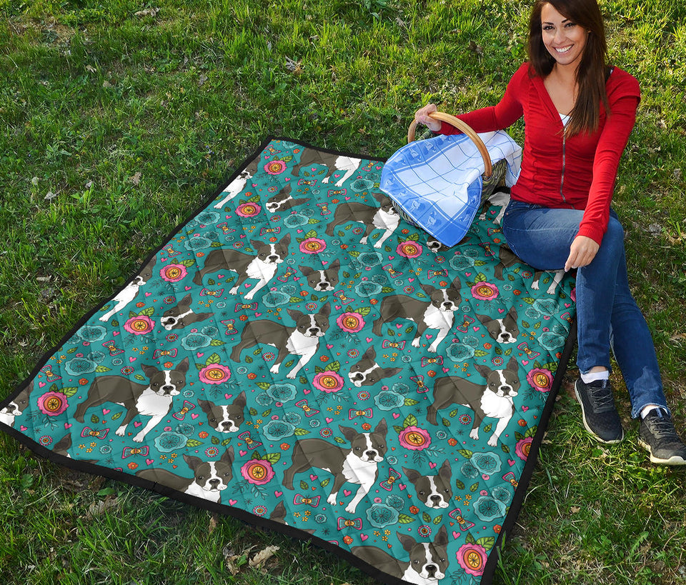 Boston Terrier Beautiful Flower Pattern Premium Quilt