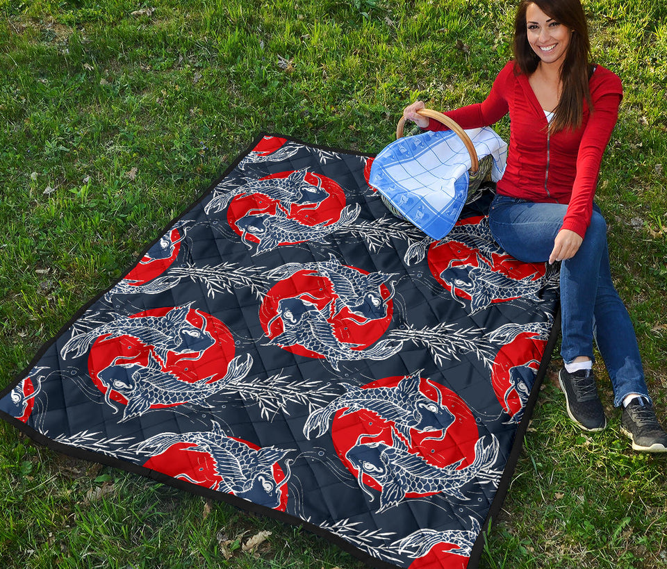 Koi Fish Carp Fishs Hand Drawn Japanese Art Premium Quilt